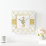 Art Deco Ocean Wave Gold Seahorse Beach House Square Wall Clock<br><div class="desc">This design features a seahorse with a gold effect ocean wave pattern. The Art Deco style coastal image makes a modern and unique wall clock for beach house.</div>