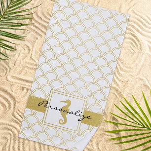 Art Deco Ocean Wave Patten Gold Glitter Seahorse Beach Towel