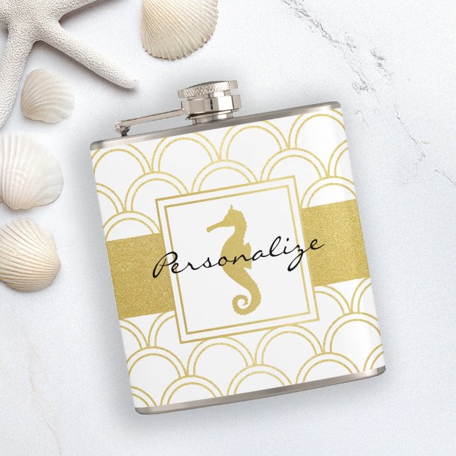 Art Deco Ocean Wave Patten Gold Glitter Seahorse Hip Flask (Creator Uploaded)