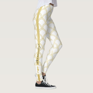 Art Deco Ocean Wave Patten Gold Glitter Seahorse Leggings