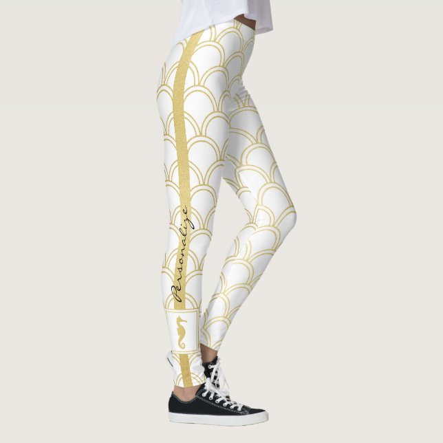Art Deco Ocean Wave Patten Gold Glitter Seahorse Leggings (Right)