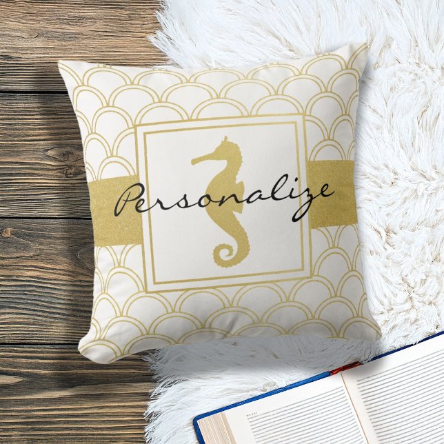 Art Deco Ocean Wave Patten Gold Glitter Seahorse Throw Pillow (Creator Uploaded)