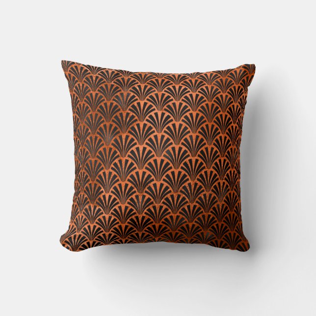 Art Deco Orange Black Metallic Seashells Scale Throw Pillow (Front)