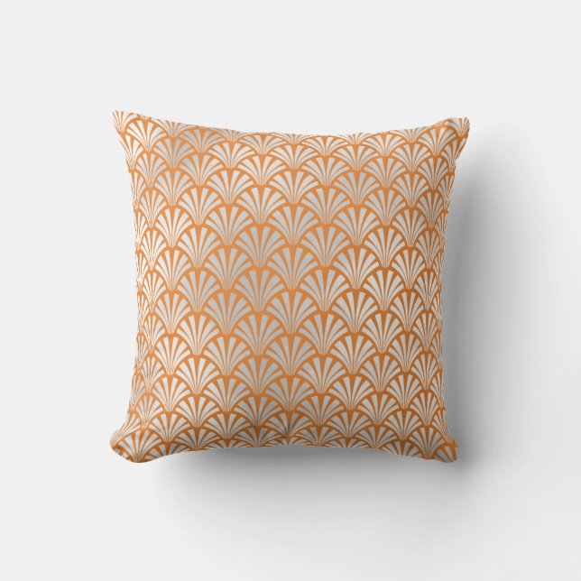 Art Deco Orange Peach Silver Grey Scales Seashells Throw Pillow (Front)