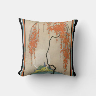 Art Deco Oriental Coral Blossoms Throw Pillow