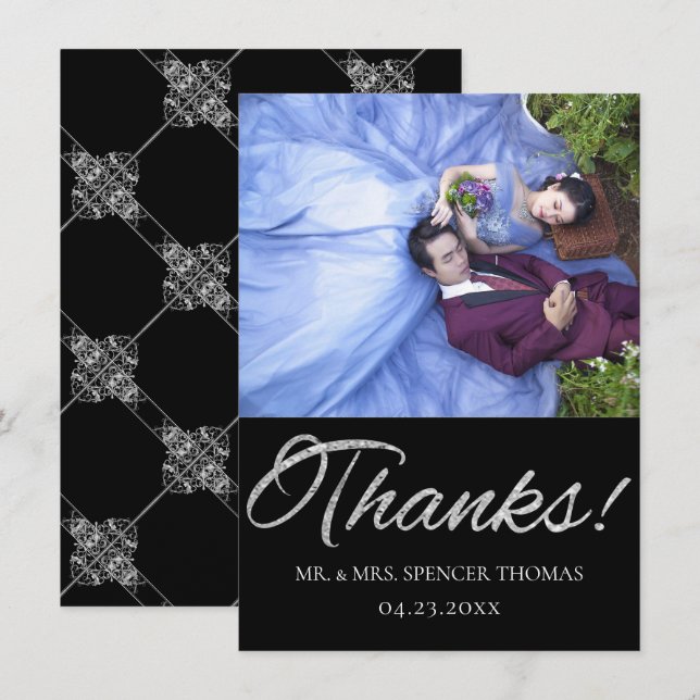 Art Deco Ornamental | Black and Silver Geometric Thank You Card (Front/Back)