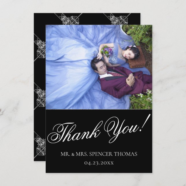 Art Deco Ornamental | Black and Silver Geometric Thank You Card (Front/Back)