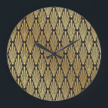 Art Deco Palms: Black Gold. Large Clock<br><div class="desc">Seamless black and gold Art Deco palm leaf pattern background Art Deco palm leaf pattern in black and gold. Stylish and elegant decor for various uses. Art Deco palm leaves in black & gold for a lavish touch. deco, pattern, abstract, background, illustration, texture, decor, wedding, vintage, gold, leaf, retro, black,...</div>