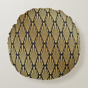 Art Deco Palms: Black Gold. Round Pillow