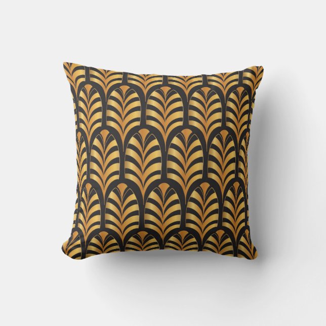 Art Deco Palms black & gold Throw Pillow (Front)