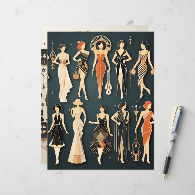 Art Deco Paper Dolls Scrapbook Paper (Front/Back In Situ)