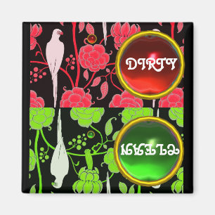 ART DECO PARROTS, RED GREEN FLOWERS  DIRTY CLEAN MAGNET
