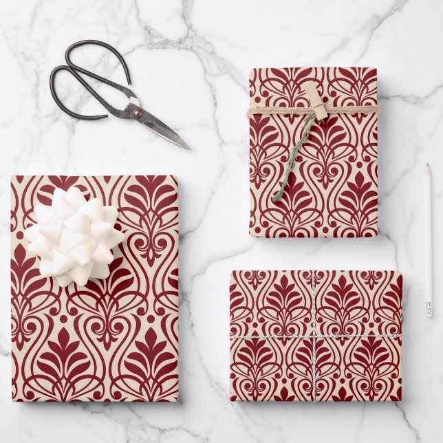 Art Deco Pattern 01 - Midnight Red on Off-White Wrapping Paper Sheet (Front)