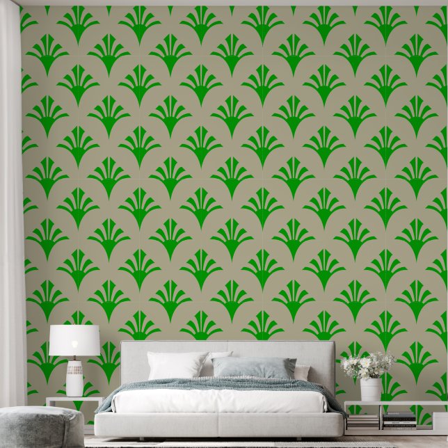 Art Deco Pattern 02 - Dark Lime Green on Off-White Wallpaper (Bedroom)