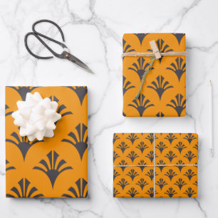 Art Deco Pattern 02 - Deco Black on Vivid Gamboge Wrapping Paper Sheet