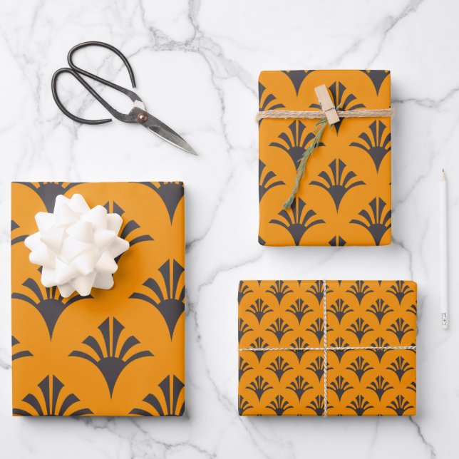Art Deco Pattern 02 - Deco Black on Vivid Gamboge Wrapping Paper Sheet (Front)