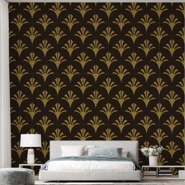 Art Deco Pattern 02 - Deco Gold on Deco Black Wallpaper (Bedroom)