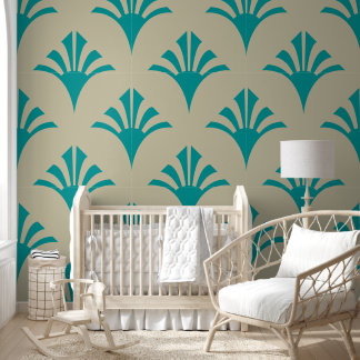 Art Deco Pattern 02 - Teal on Off-White Wallpaper