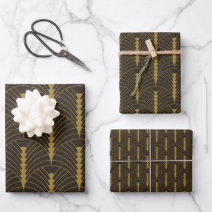Art Deco Pattern 03 - Deco Gold on Deco Black Wrapping Paper Sheet
