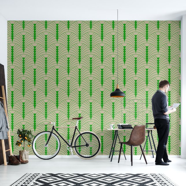 Art Deco Pattern 03 - Forest Green on Off-White Wallpaper (Living Room)