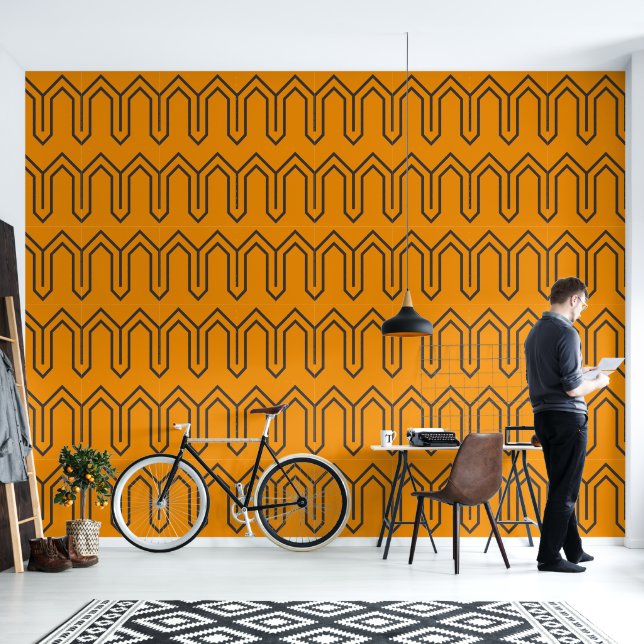 Art Deco Pattern 05 - Deco Black on Vivid Gamboge Wallpaper (Living Room)