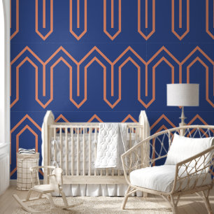 Art Deco Pattern 05 - Orange on Prussian Blue Wallpaper