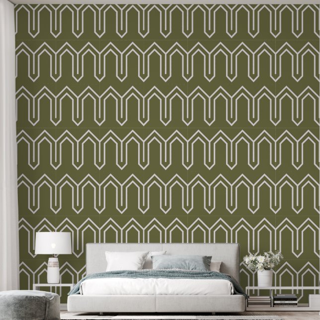 Art Deco Pattern 05 - White on Camouflage Green Wallpaper (Bedroom)