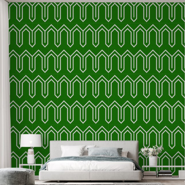 Art Deco Pattern 05 - White on Forest Green Wallpaper (Bedroom)