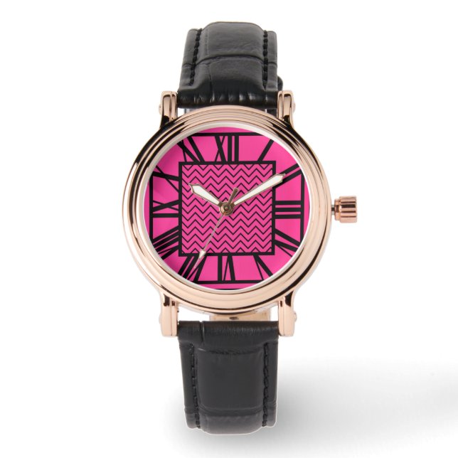 Art Deco Pattern, fuchsia pink Watch (Front)