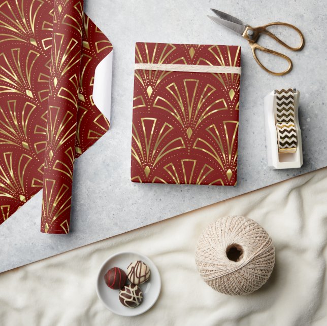 Art Deco Pattern Gold On Dark Red Background Wrapping Paper (Crafts)