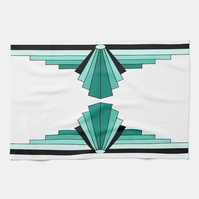 Art Deco Pattern in Greens Kitchen Towel (Horizontal)