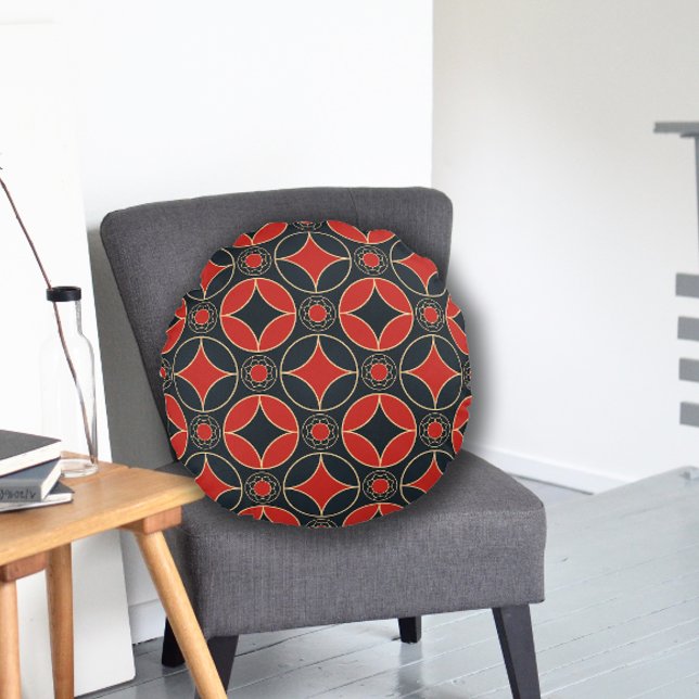 art deco pattern in red and black round pillow (Creator Uploaded)