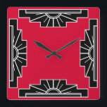 Art Deco Pattern in Red Square Wall Clock<br><div class="desc">Based on classic art deco shapes of a sunburst,  recreated in red and black</div>