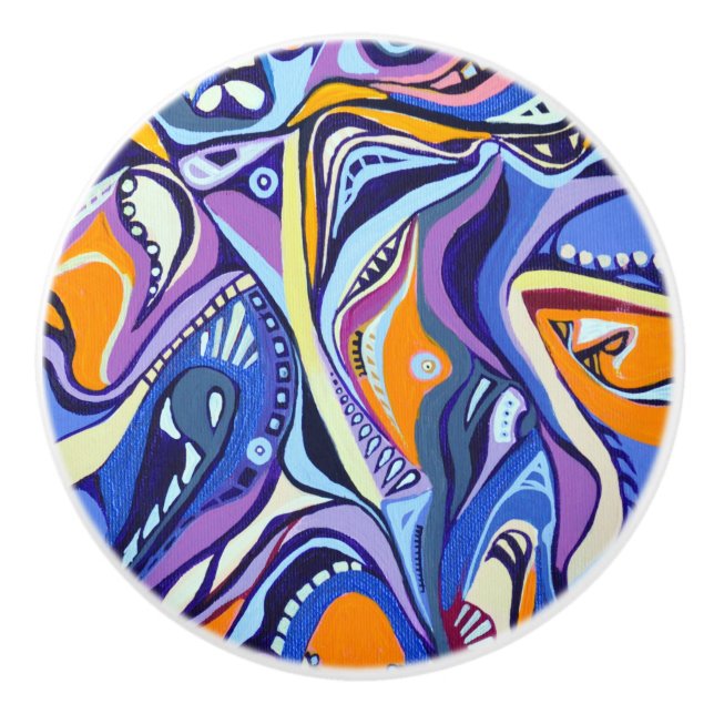 Art Deco pattern - orange and blue Ceramic Knob (Front)