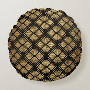 Art Deco Pattern. Seamless black and gold backgrou Round Pillow