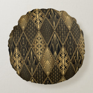 Art Deco Pattern. Seamless black and gold backgrou Round Pillow