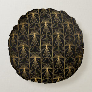 Art Deco Pattern. Seamless black and gold backgrou Round Pillow