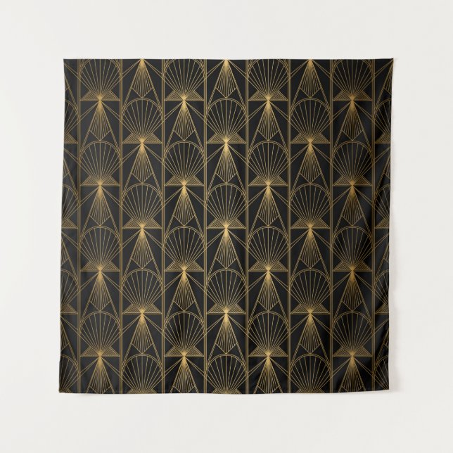 Art Deco Pattern. Seamless black and gold backgrou Tapestry (Front)