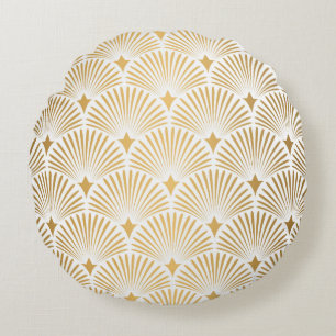 Art Deco Pattern. Seamless white and gold backgrou Round Pillow
