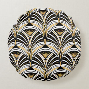 Art Deco pattern. Vintage gold black white backgro Round Pillow