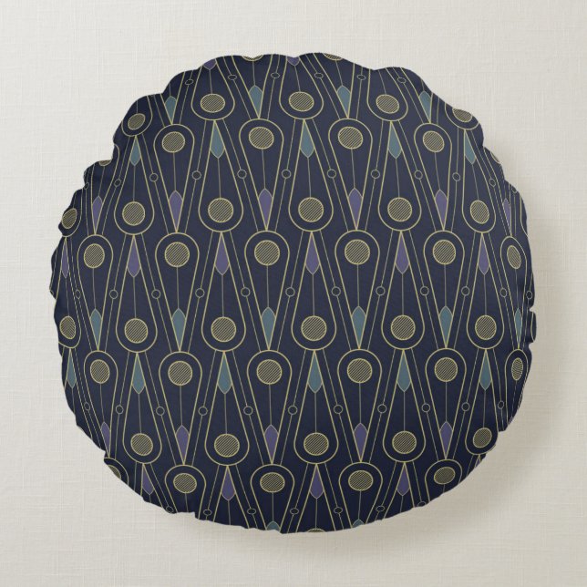 Art Deco pattern with geometric shapes in gold Round Pillow (Front)