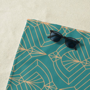 Art Deco pattern with gold geometric shapes Beach Towel