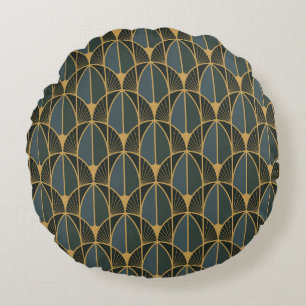 Art Deco pattern with gold geometric shapes Round Pillow