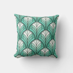 art deco pattern with teal, white, and green hues throw pillow