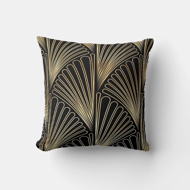 Art Deco Patterned Cushion (Black and Gold) (Front)