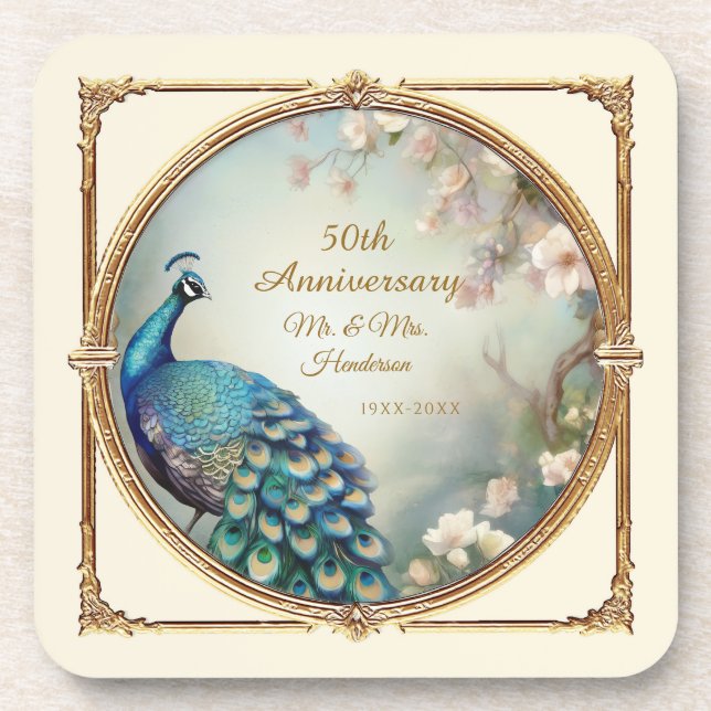 Art Deco Peacock 50th Anniversary Elegant Floral Coaster (Front)