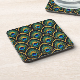 Art Deco Peacock Feather Geometric Artwork Coaster