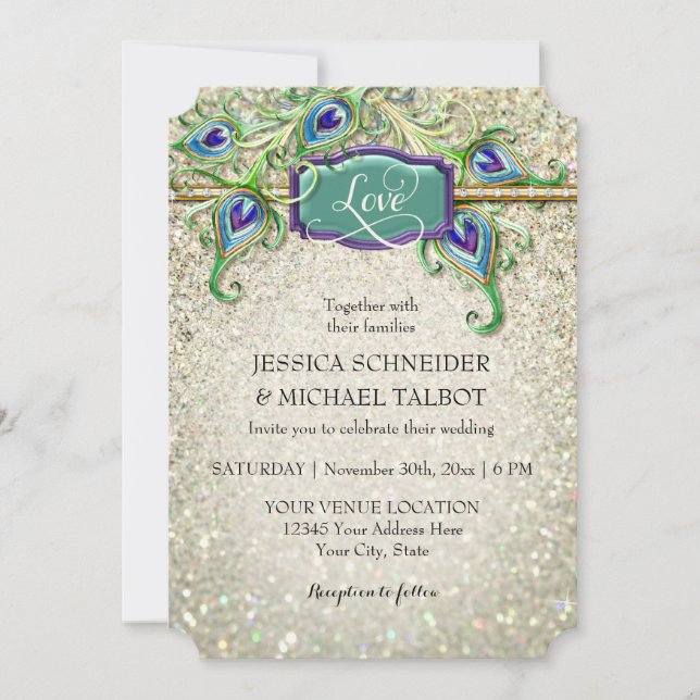 Art Deco Peacock Feather Glitter Movie Ticket Invitation (Front)