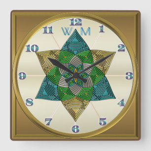 Art Deco Peacock Feather Inspired Mandala Monogram Square Wall Clock
