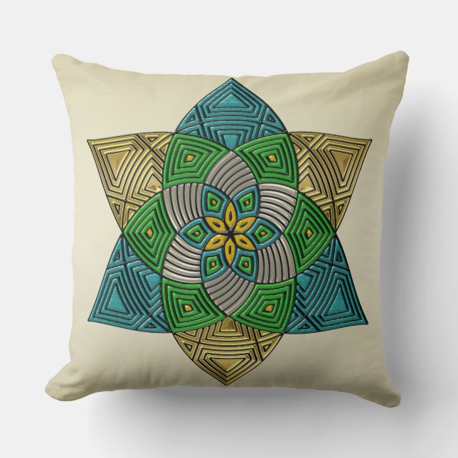 Art Deco Peacock Feather Inspired Mandala Throw Pillow (Front)